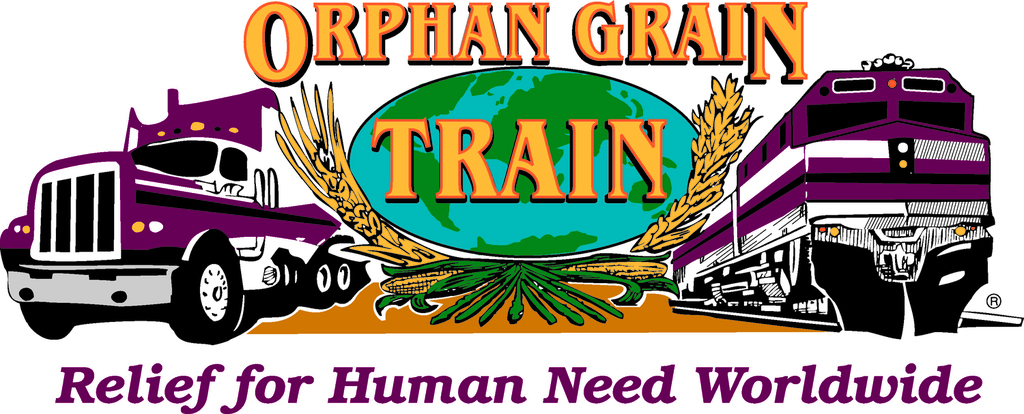 Orphan Grain Train Logo with corn wheat, semi and train