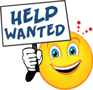 Help Wanted sign held by a smiling emoticon
