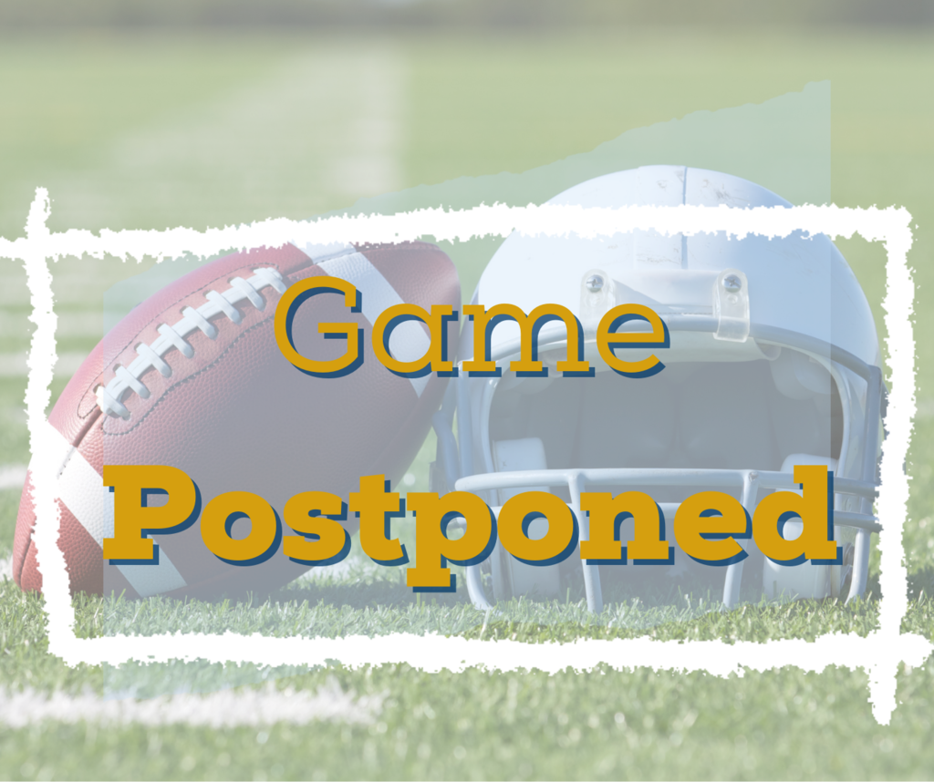 Game Postponed sign with a football and helmet background