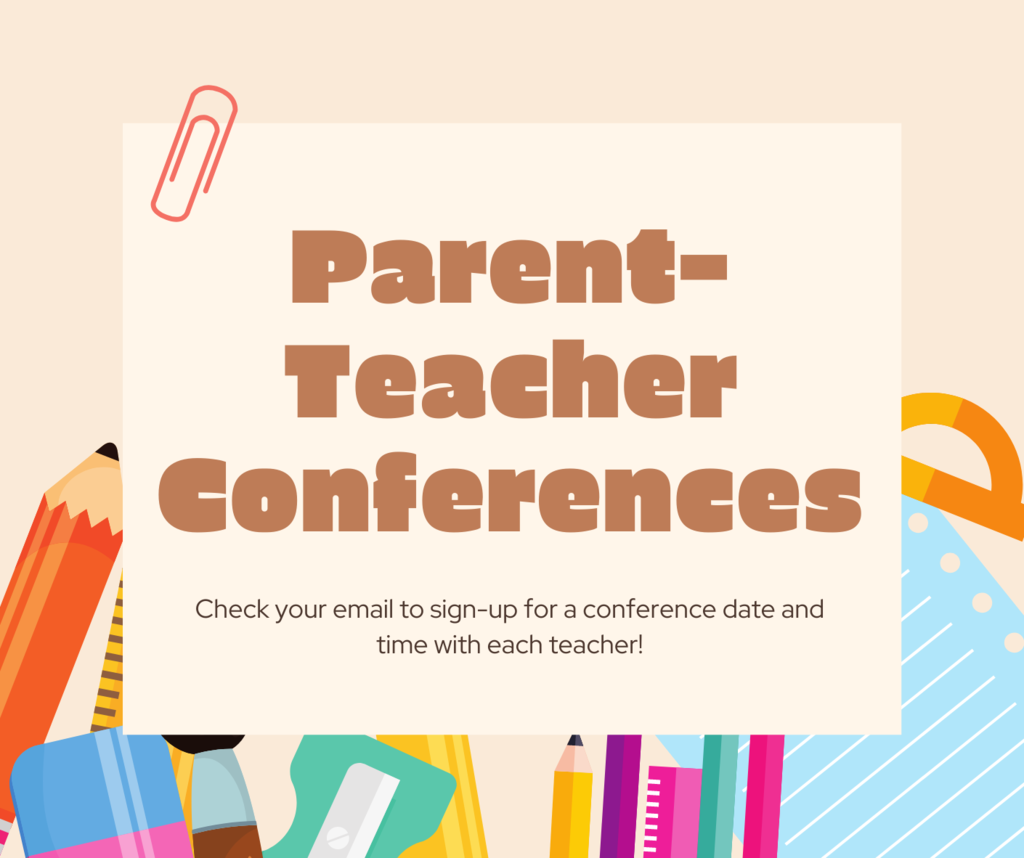 Parent Teacher Conferences on a background with classroom supplies