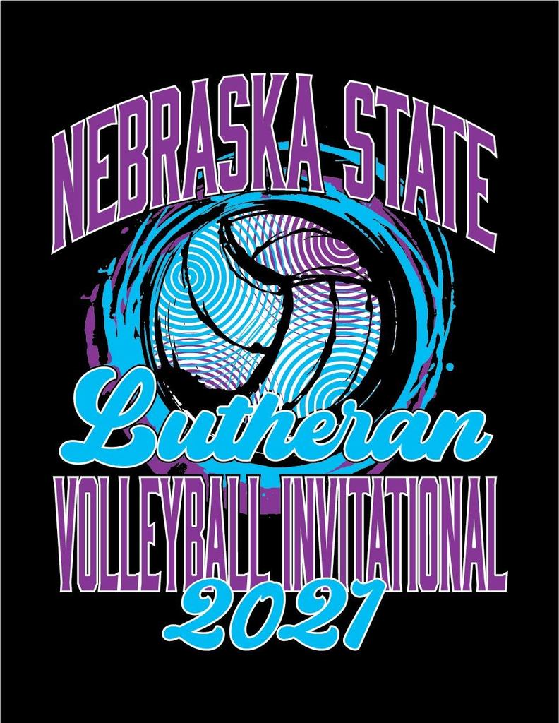 Nebraska State Lutheran VB invite - colorful volleyball on a black background