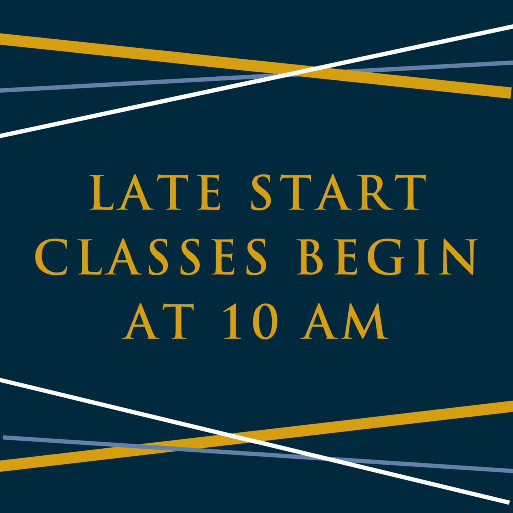 Late Start sign on a Navy background